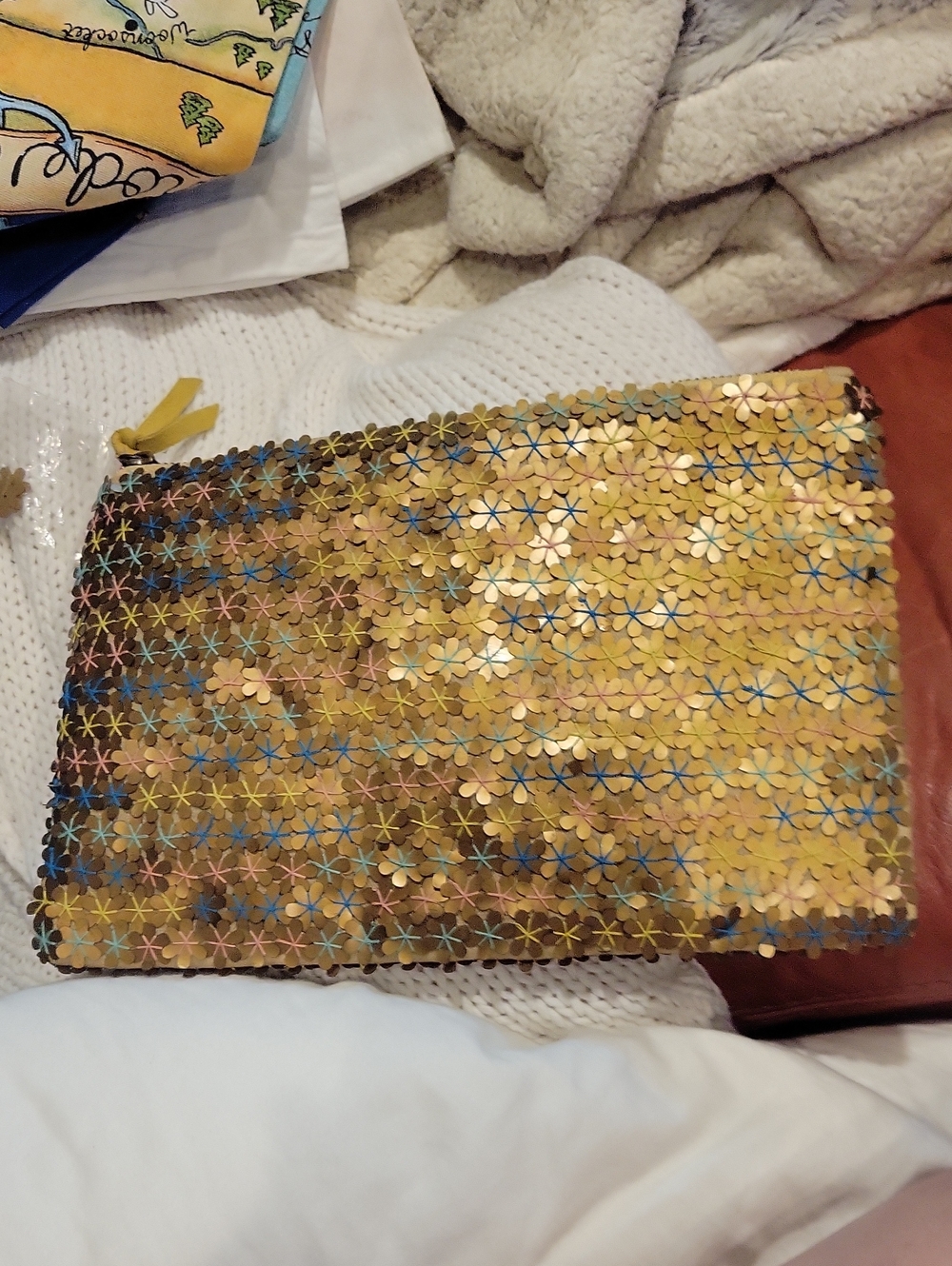 Zara Gold Flower Sequin Cosmetic Bag/ Clutch.Like New W/ Extra Sequins